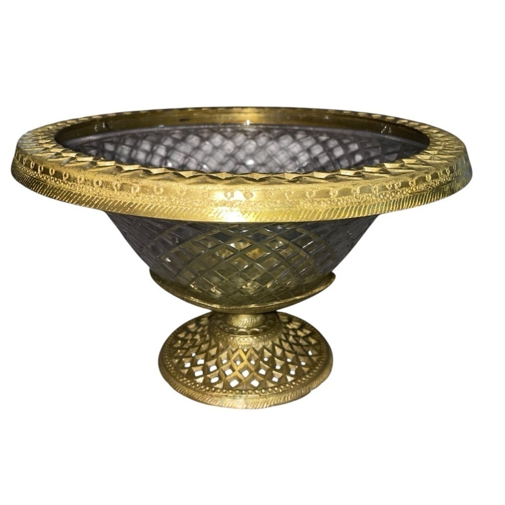 Vintage Brass & Cut Glass Pedestal Compote Bowl by Paradigm, India – 5.5” Tall - Picture 2 of 15